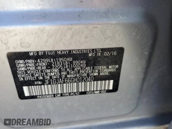 2016 Subaru Impreza Premium with VIN JF1GJAF66GH012040, listed as a Copart auction lot 46279515 with 139,112 mi miles and Salvage title. Bid and sale history available at DreamBid. Image 14.