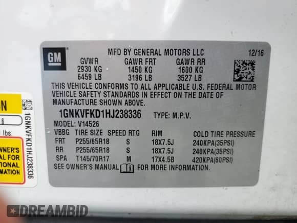 2017 Chevrolet Traverse LS z VIN 1GNKVFKD1HJ238336, wystawiony jako Copart lot #61451265 z przebiegiem 106 241 mil mil oraz Szkoda całkowita • Salvage title. Historia ofert i sprzedaży dostępna na DreamBid. Obrazek 13.