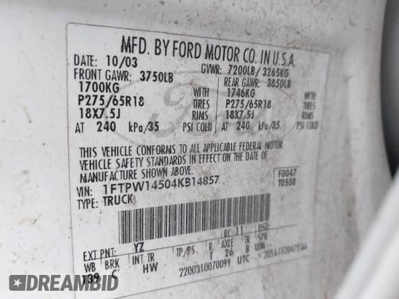 2004 Ford F-150 XLT с VIN 1FTPW14504KB14857, выставлен на аукционе IAAI как лот 43537890 с пробегом 160 039 миль миль и . История ставок и продаж доступна на DreamBid. Изображение 9.