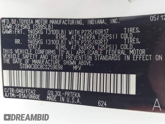 2012 Toyota Sienna LE AAS with VIN 5TDKK3DC8CS259698, listed as a IAAI auction lot 43249354 with 340,370 mi miles and . Bid and sale history available at DreamBid. Image 9.