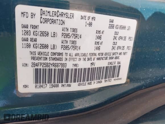 2000 Dodge Caravan with VIN 2B4FP25B2YR687993, listed as a IAAI auction lot 43402308 with 151,168 mi miles and . Bid and sale history available at DreamBid. Image 9.