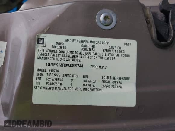 1997 Chevrolet Tahoe z VIN 1GNEK13R0VJ399744, wystawiony jako IAAI lot #42341218 z przebiegiem 189 252 mil mil oraz . Historia ofert i sprzedaży dostępna na DreamBid. Obrazek 9.