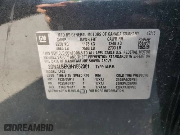 2017 Chevrolet Equinox LS with VIN 2GNALBEK9H1552301, listed as a Copart auction lot 69851795 with 94,618 mi miles and Salvage title. Bid and sale history available at DreamBid. Image 12.