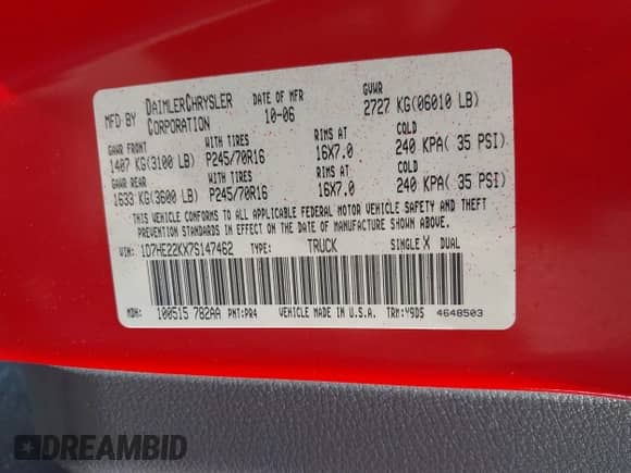 2007 Dodge Dakota ST with VIN 1D7HE22KX7S147462, listed as a IAAI auction lot 40133063 with 139,256 mi miles and . Bid and sale history available at DreamBid. Image 9.