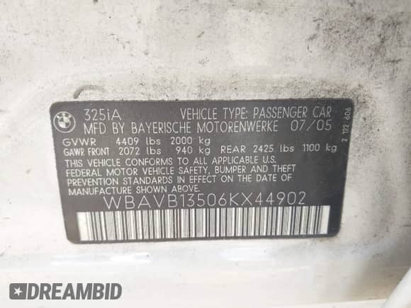 2006 BMW 3 Series 325i с VIN WBAVB13506KX44902, выставлен на аукционе IAAI как лот 42498896 с пробегом 145 111 миль миль и . История ставок и продаж доступна на DreamBid. Изображение 9.