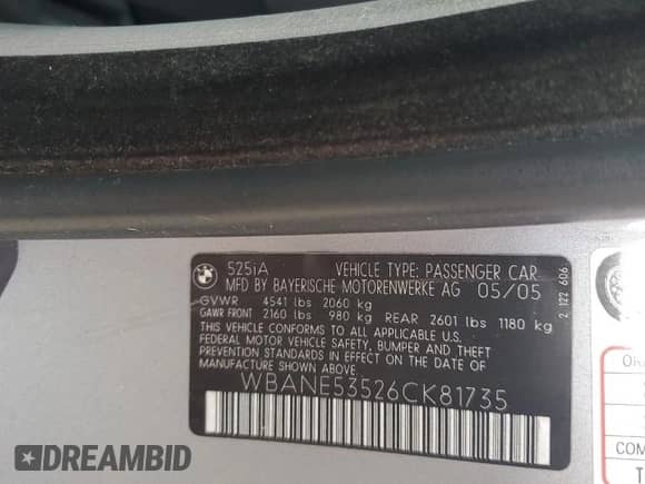 2006 BMW 5 Series 525i с VIN WBANE53526CK81735, выставлен на аукционе Copart как лот 80213685 с пробегом Не указан миль и Списание • Salvage title. История ставок и продаж доступна на DreamBid. Изображение 12.