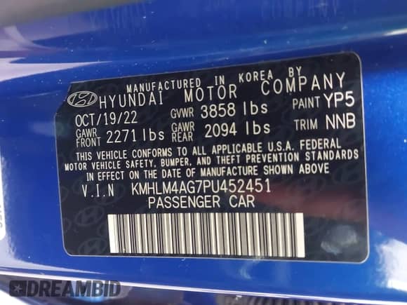 2023 Hyundai Elantra SEL with VIN KMHLM4AG7PU452451, listed as a IAAI auction lot 43295917 with 50,590 mi miles and . Bid and sale history available at DreamBid. Image 9.