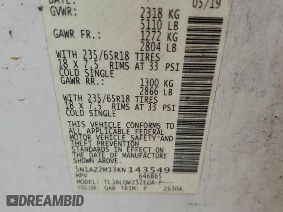 2019 Nissan Murano SV z VIN 5N1AZ2MJ3KN143549, wystawiony jako Copart lot #80734365 z przebiegiem 165 673 mil mil oraz Szkoda całkowita • Salvage title. Historia ofert i sprzedaży dostępna na DreamBid. Obrazek 14.