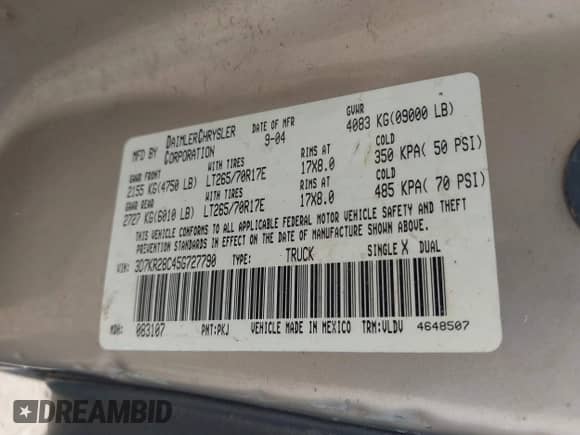 2005 Dodge 2500 SLT with VIN 3D7KR28C45G727790, listed as a IAAI auction lot 42928854 with 291,538 mi miles and . Bid and sale history available at DreamBid. Image 9.