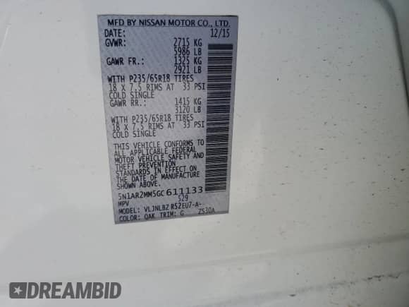 2016 Nissan Pathfinder S with VIN 5N1AR2MM5GC611133, listed as a Copart auction lot 71197535 with 217,627 mi miles and Salvage title. Bid and sale history available at DreamBid. Image 13.