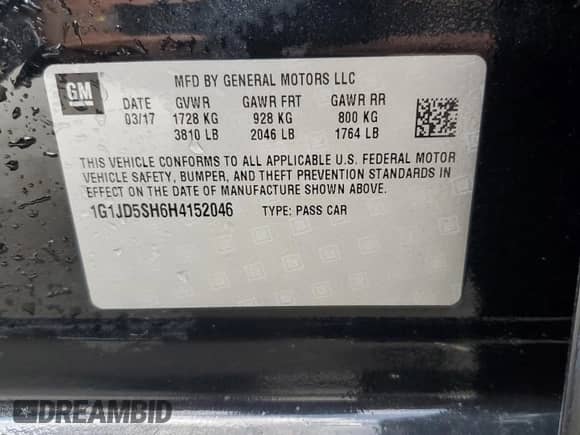 2017 Chevrolet Sonic LT with VIN 1G1JD5SH6H4152046, listed as a Copart auction lot 80993675 with 121,795 mi miles and Non repairable. Bid and sale history available at DreamBid. Image 12.