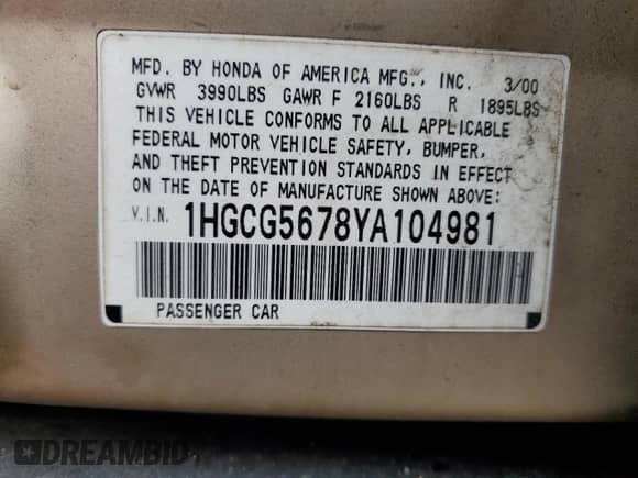 2000 Honda Accord SE with VIN 1HGCG5678YA104981, listed as a Copart auction lot 50924215 with 153,534 mi miles and Salvage title. Bid and sale history available at DreamBid. Image 12.