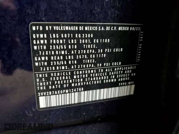 2023 Volkswagen Tiguan SE с VIN 3VV2B7AX0PM124768, выставлен на аукционе Copart как лот 63393305 с пробегом Не указан миль и На запчасти • Non repairable. История ставок и продаж доступна на DreamBid. Изображение 14.