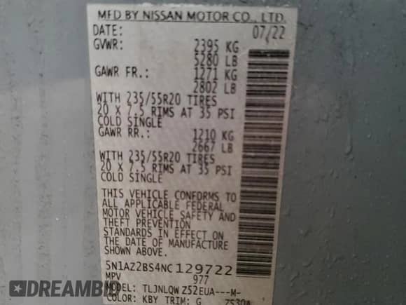 2022 Nissan Murano SV with VIN 5N1AZ2BS4NC129722, listed as a Copart auction lot 63988275 with 54,047 mi miles and Salvage title. Bid and sale history available at DreamBid. Image 14.