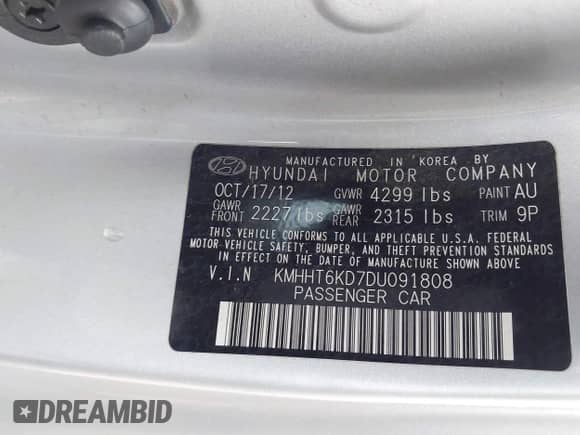 2013 Hyundai Genesis Coupe Premium with VIN KMHHT6KD7DU091808, listed as a IAAI auction lot 42364506 with 110,349 mi miles and . Bid and sale history available at DreamBid. Image 9.