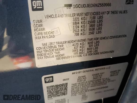 2022 Chevrolet Silverado 1500 High Country z VIN 1GCUDJED6NZ559966, wystawiony jako Copart lot #59521785 z przebiegiem 47 307 mil mil oraz Czysty tytuł • Clean title. Historia ofert i sprzedaży dostępna na DreamBid. Obrazek 12.