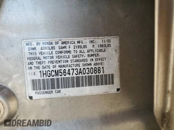 2003 Honda Accord LX с VIN 1HGCM56473A030881, выставлен на аукционе Copart как лот 86671795 с пробегом 323 642 миль миль и Чистый • Clean title. История ставок и продаж доступна на DreamBid. Изображение 12.