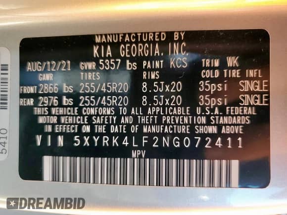 2022 Kia Sorento SX with VIN 5XYRK4LF2NG072411, listed as a Copart auction lot 84242975 with 54,169 mi miles and Salvage title. Bid and sale history available at DreamBid. Image 13.