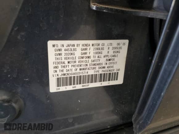 2005 Honda Accord with VIN JHMCN36445C015714, listed as a Copart auction lot 84590035 with 222,444 mi miles and Non repairable. Bid and sale history available at DreamBid. Image 12.