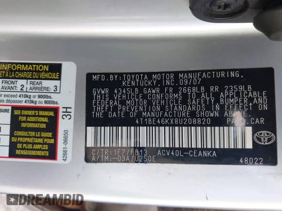 2008 Toyota Camry LE with VIN 4T1BE46KX8U208820, listed as a IAAI auction lot 43416189 with 244,345 mi miles and . Bid and sale history available at DreamBid. Image 9.