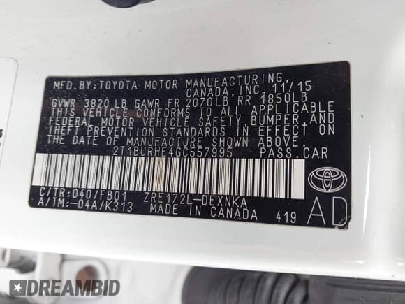 2016 Toyota Corolla L with VIN 2T1BURHE4GC557995, listed as a IAAI auction lot 42883766 with 208,519 mi miles and . Bid and sale history available at DreamBid. Image 9.