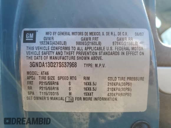 2007 Chevrolet HHR LS с VIN 3GNDA13D27S637968, выставлен на аукционе Copart как лот 73811524 с пробегом 119 731 миль миль и Списание • Salvage title. История ставок и продаж доступна на DreamBid. Изображение 12.