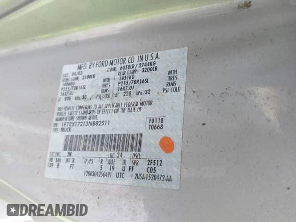 2003 Ford F-150 XL с VIN 1FTRX17213NB82511, выставлен на аукционе IAAI как лот 43583043 с пробегом Не указан миль и . История ставок и продаж доступна на DreamBid. Изображение 9.