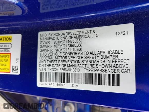 2022 Honda Accord Sport с VIN 1HGCV1F35NA010810, выставлен на аукционе IAAI как лот 42804365 с пробегом 91 687 миль миль и . История ставок и продаж доступна на DreamBid. Изображение 9.