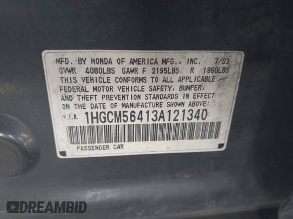 2003 Honda Accord LX with VIN 1HGCM56413A121340, listed as a IAAI auction lot 42618623 with 207,006 mi miles and . Bid and sale history available at DreamBid. Image 9.