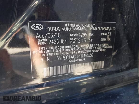 2011 Hyundai Sonata SE z VIN 5NPEC4AC5BH119536, wystawiony jako IAAI lot #43495457 z przebiegiem 225 840 mil mil oraz . Historia ofert i sprzedaży dostępna na DreamBid. Obrazek 9.