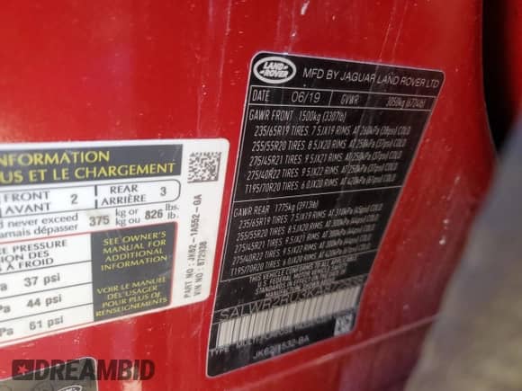 2019 Land Rover Range Rover Sport HSE z VIN SALWR2RU3KA872938, wystawiony jako Copart lot #84849584 z przebiegiem 32 772 mil mil oraz Szkoda całkowita • Salvage title. Historia ofert i sprzedaży dostępna na DreamBid. Obrazek 14.