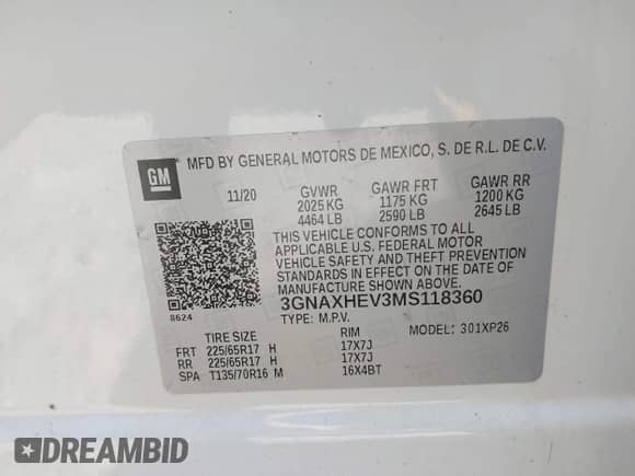 2021 Chevrolet Equinox LS z VIN 3GNAXHEV3MS118360, wystawiony jako IAAI lot #43168859 z przebiegiem 120 287 mil mil oraz . Historia ofert i sprzedaży dostępna na DreamBid. Obrazek 9.