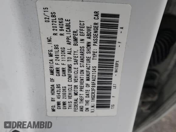 2015 Honda Accord Touring с VIN 1HGCR3F96FA021045, выставлен на аукционе Copart как лот 82496635 с пробегом 122 553 миль миль и Списание • Salvage title. История ставок и продаж доступна на DreamBid. Изображение 12.