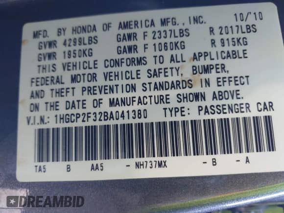 2011 Honda Accord LX с VIN 1HGCP2F32BA041380, выставлен на аукционе IAAI как лот 43389251 с пробегом 67 910 миль миль и . История ставок и продаж доступна на DreamBid. Изображение 9.