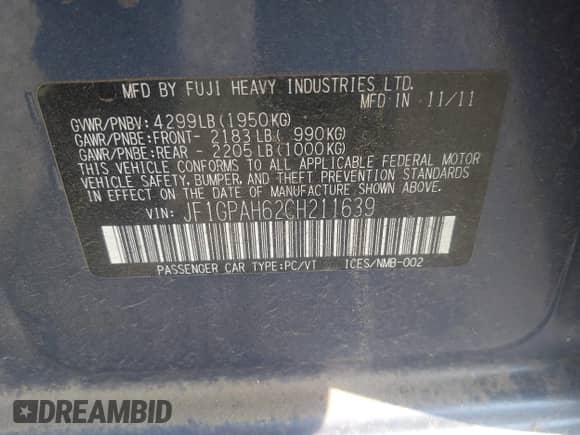 2012 Subaru Impreza Limited с VIN JF1GPAH62CH211639, выставлен на аукционе IAAI как лот 42693767 с пробегом 151 516 миль миль и . История ставок и продаж доступна на DreamBid. Изображение 9.