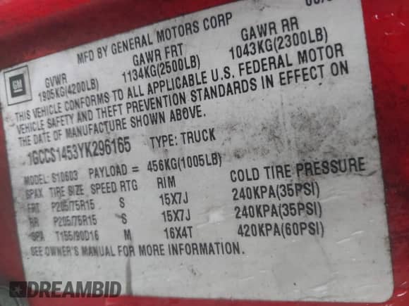 2000 Chevrolet S-10 с VIN 1GCCS1453YK296165, выставлен на аукционе IAAI как лот 42190667 с пробегом 215 370 миль миль и . История ставок и продаж доступна на DreamBid. Изображение 9.