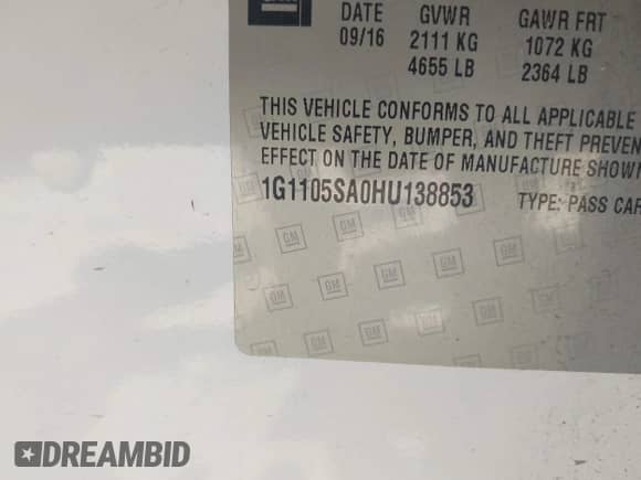 2017 Chevrolet Impala LT z VIN 1G1105SA0HU138853, wystawiony jako IAAI lot #43340269 z przebiegiem 209 787 mil mil oraz . Historia ofert i sprzedaży dostępna na DreamBid. Obrazek 9.