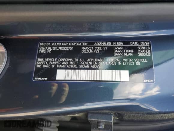 2024 Volvo S60 Plus Dark Theme with VIN 7JRL12TL7RG322751, listed as a Copart auction lot 52812985 with 7,862 mi miles and Salvage title. Bid and sale history available at DreamBid. Image 12.