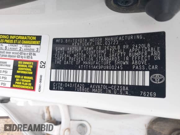 2023 Toyota Camry SE with VIN 4T1T11AK9PU800245, listed as a IAAI auction lot 42989278 with 40,590 mi miles and . Bid and sale history available at DreamBid. Image 9.