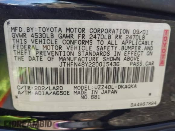 2002 Lexus SC 430 с VIN JTHFN48Y220015436, выставлен на аукционе IAAI как лот 42142448 с пробегом Не указан миль и . История ставок и продаж доступна на DreamBid. Изображение 9.