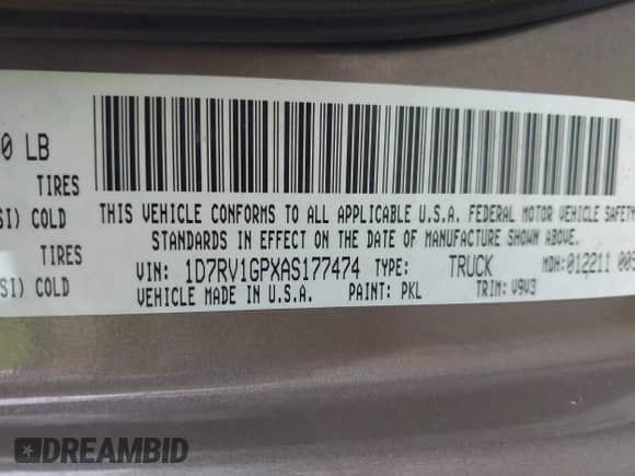 2010 Dodge 1500 SLT with VIN 1D7RV1GPXAS177474, listed as a IAAI auction lot 42081308 with 146,399 mi miles and . Bid and sale history available at DreamBid. Image 9.