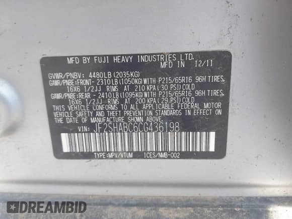 2012 Subaru Forester X z VIN JF2SHABC6CG436198, wystawiony jako IAAI lot #43156303 z przebiegiem 191 039 mil mil oraz . Historia ofert i sprzedaży dostępna na DreamBid. Obrazek 9.