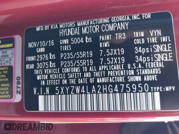 2017 Hyundai Santa Fe Ultimate с VIN 5XYZW4LA2HG475950, выставлен на аукционе IAAI как лот 43228276 с пробегом 99 227 миль миль и . История ставок и продаж доступна на DreamBid. Изображение 9.