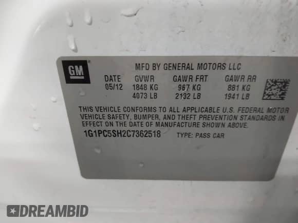 2012 Chevrolet Cruze LS z VIN 1G1PC5SH2C7362518, wystawiony jako IAAI lot #43401897 z przebiegiem 160 773 mil mil oraz . Historia ofert i sprzedaży dostępna na DreamBid. Obrazek 9.