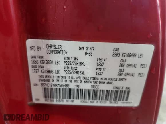 1999 Dodge 1500 with VIN 3B7HC16Y0XM505489, listed as a Copart auction lot 44570345 with 197,705 mi miles and Salvage title. Bid and sale history available at DreamBid. Image 13.