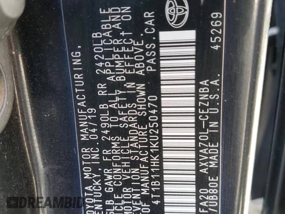 2019 Toyota Camry LE с VIN 4T1B11HK1KU250470, выставлен на аукционе Copart как лот 85004265 с пробегом 132 733 миль миль и Чистый • Clean title. История ставок и продаж доступна на DreamBid. Изображение 12.