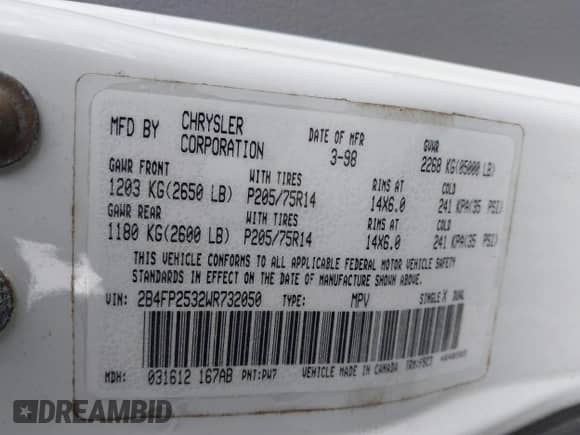 1998 Dodge Caravan с VIN 2B4FP2532WR732050, выставлен на аукционе IAAI как лот 41958683 с пробегом Не указан миль и . История ставок и продаж доступна на DreamBid. Изображение 9.