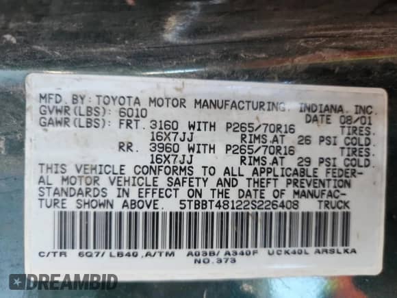 2002 Toyota Tundra Limited z VIN 5TBBT48122S226408, wystawiony jako Copart lot #81911725 z przebiegiem 256 270 mil mil oraz Szkoda całkowita • Salvage title. Historia ofert i sprzedaży dostępna na DreamBid. Obrazek 12.