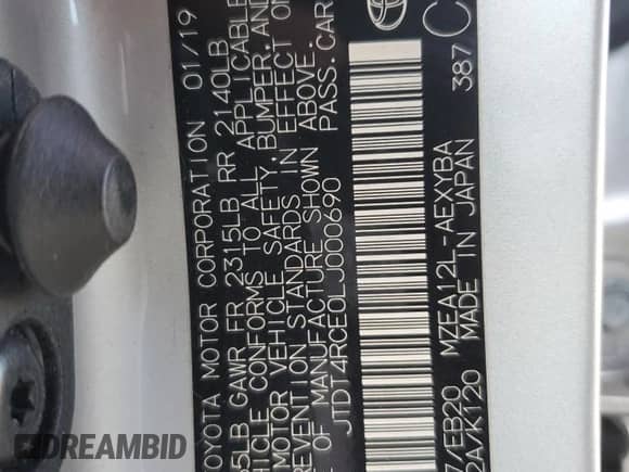 2020 Toyota Corolla XSE с VIN JTDT4RCE0LJ000690, выставлен на аукционе Copart как лот 85298525 с пробегом 151 068 миль миль и Списание • Salvage title. История ставок и продаж доступна на DreamBid. Изображение 12.