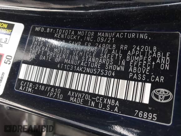 2022 Toyota Camry Hybrid LE with VIN 4T1C31AK2NU575304, listed as a IAAI auction lot 43017963 with 165,647 mi miles and . Bid and sale history available at DreamBid. Image 9.